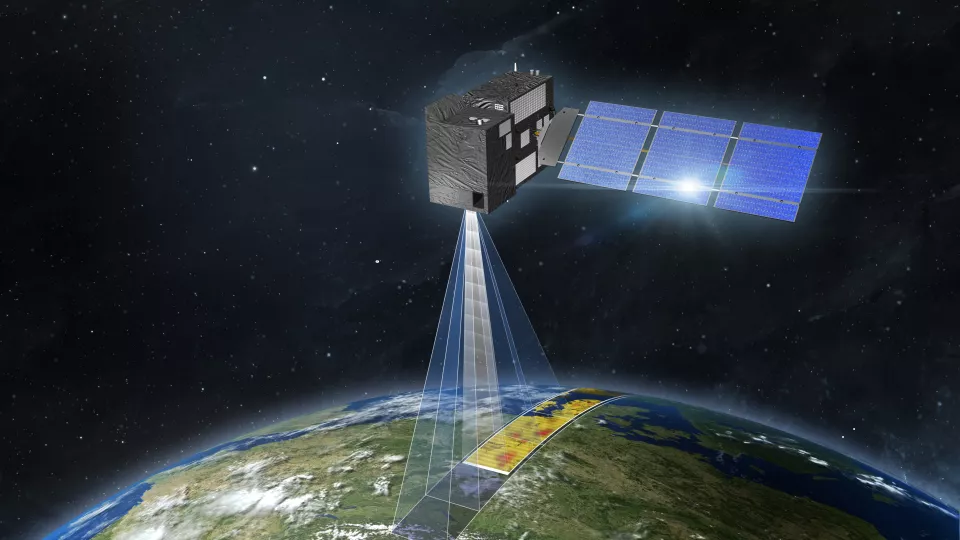 Illustration av satellit som svävar ovanför jordklotet.