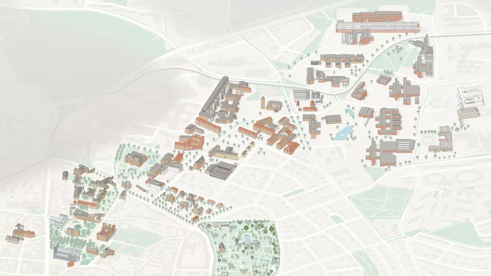 Karta över universitetsbyggnader i Lund. Teckning.