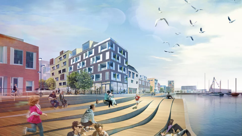 Med stadsförnyelseprojektet H+ ska hamnområdet i Helsingborg göras om till nya stadsdelar med bostäder, kontor och affärer. Stadens vision är att vara ledande inom klimat- och miljöfrågor. Foto: Helsingborgs stad