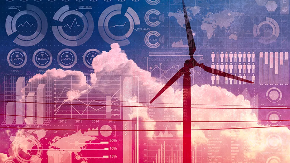Illustration som visar vindkraftverk, kommunikationer och andra saker som ska symbolisera hållbarhet.