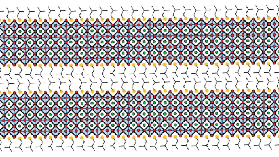Illustrationen visar plattor av perovskit, sedda från sidan. Det färgade mönstret föreställer perovskit och de grå linjerna symboliserar de vattenavvisande ytorna.