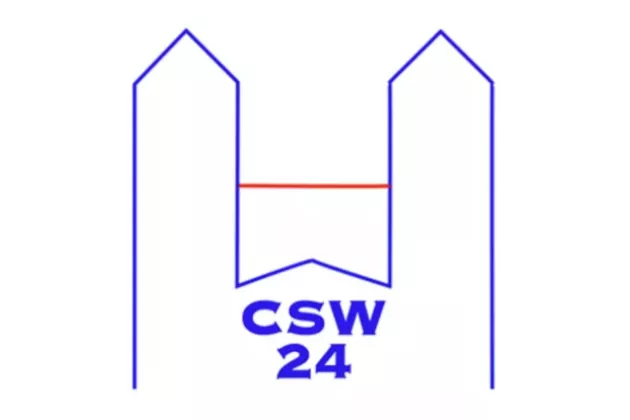 Illustration of two towers with a red line between them and the text CSW 24.