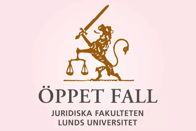 Lejon med svärd. Illustration. Text: Öppet fall, Juridiska fakulteten, Lunds universitet. 