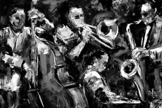 Svart och vit oljemålning av jazzmusikanter. 