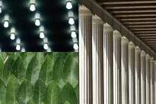 Tre bilder: glödlampor i tak, blad och en pelargång
