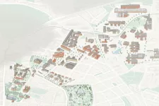 Karta över universitetsbyggnader i Lund. Teckning.