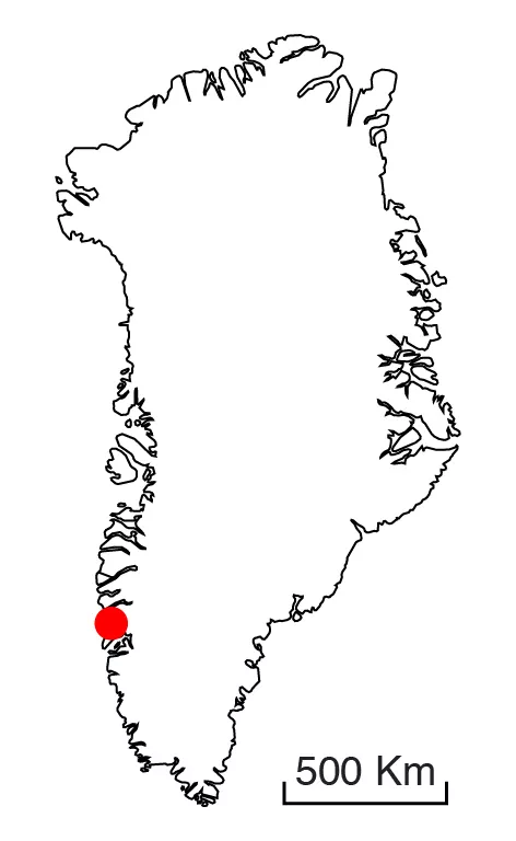 Kartbild över kraterns plats på sydvästra Grönland.