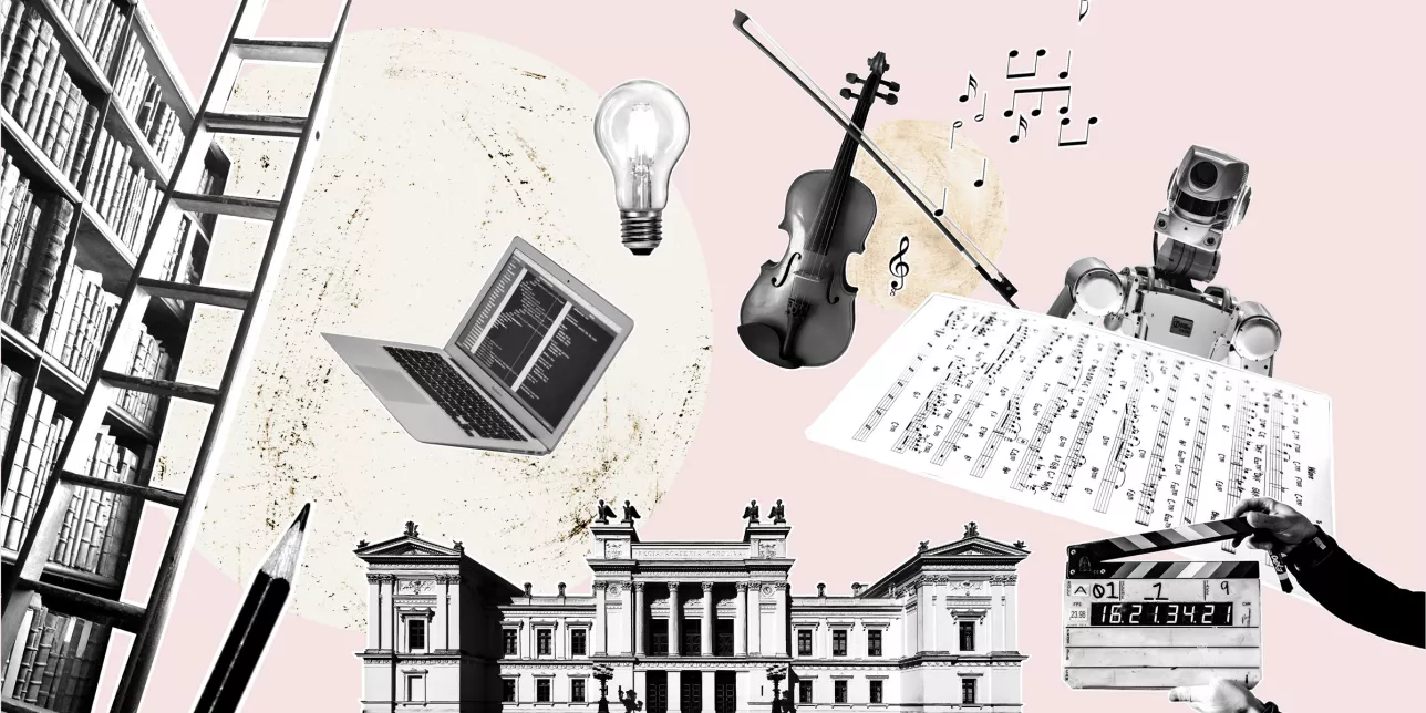 Collage med bokhylla, dator, glödlampa, fiol, notblad, universitetshus med mera. Illustration: Catrin Jakobsson.