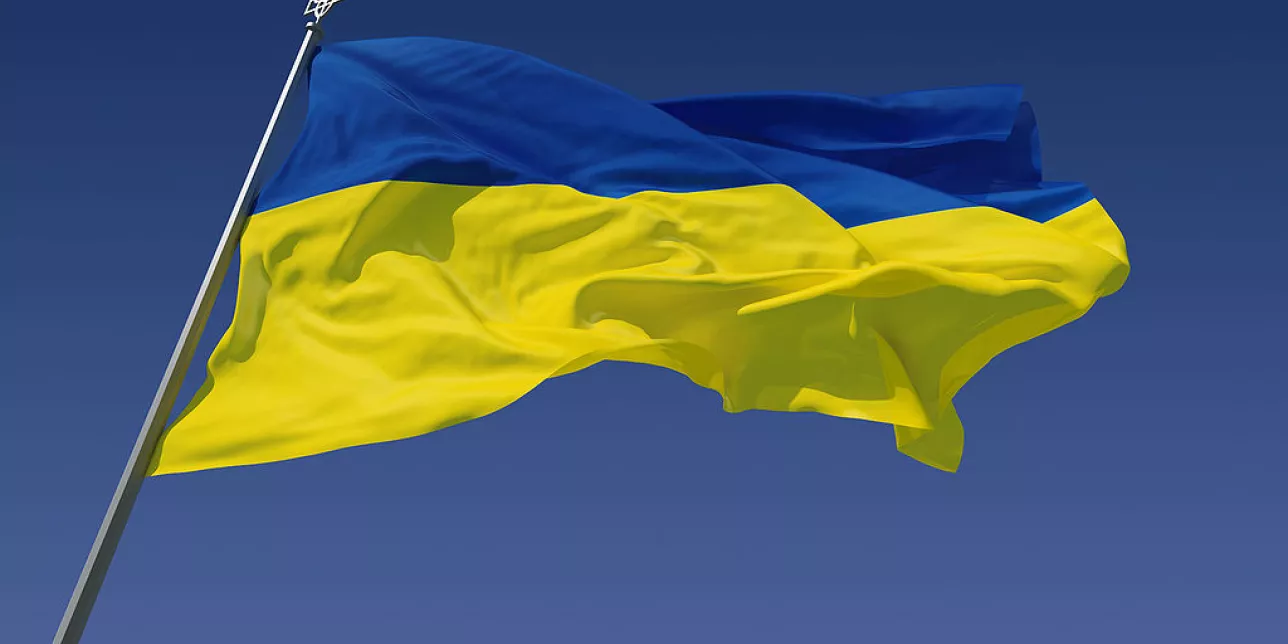Ukrainas flagga mot blå himmel. Foto.