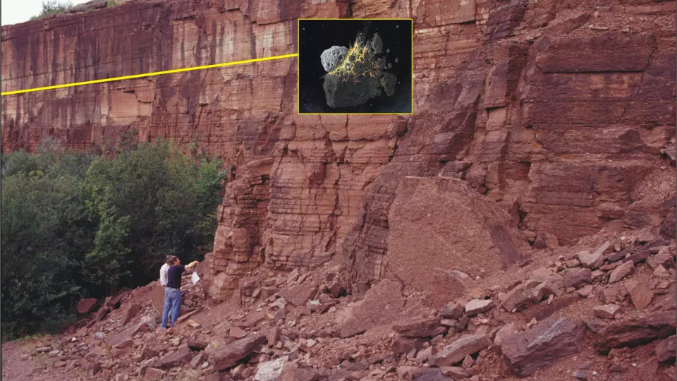 Mikrometeoriter, utomjordiska kromitkorn, hittas från den gula linjen och cirka tio meter uppåt. Linjen visar den stratigrafiska nivån då kollisionen ägde rum i asteroidbältet för flera hundra miljoner år sedan. Foto: Birger Schmitz 