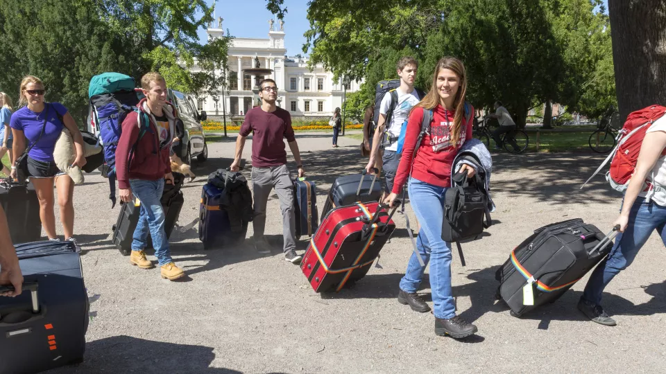 Studenter drar resväskor i Lundagård.