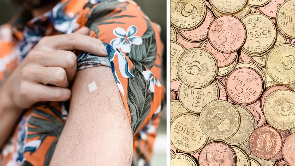 Kollage med två bilder: en arm med plåster på (troligen från vaccin) samt svenska mynt.