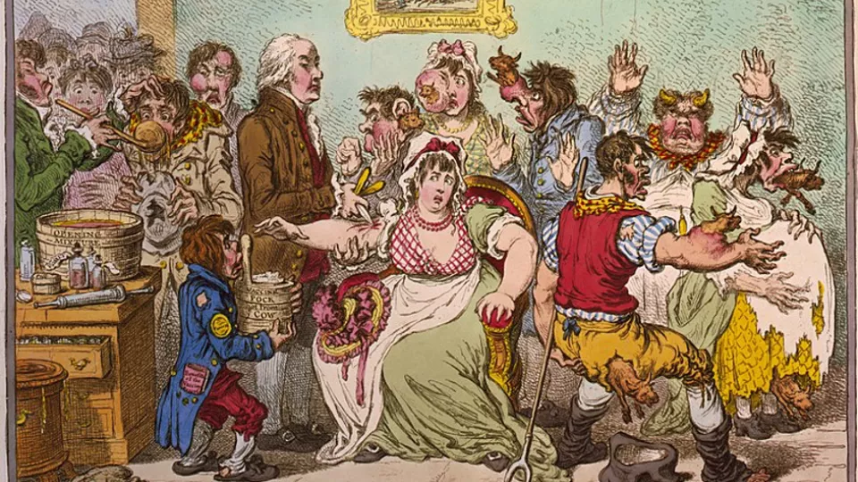 1800-talsmålning med människor som har horn och svansar. Illustration.