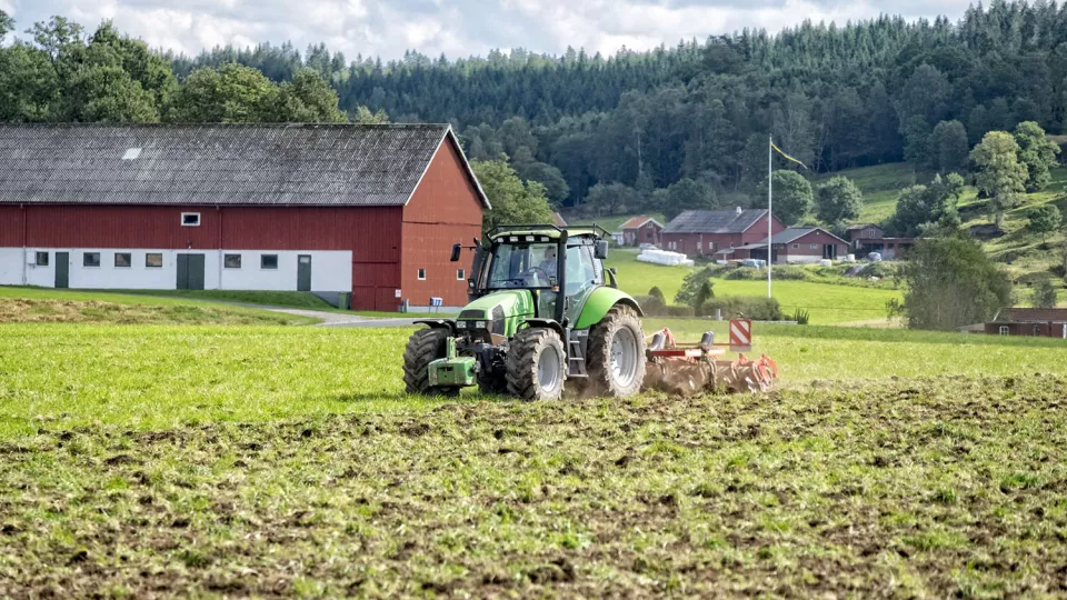 Traktor som kör på ett fält, med jordbruksbyggnader i bakgrunden. Foto.