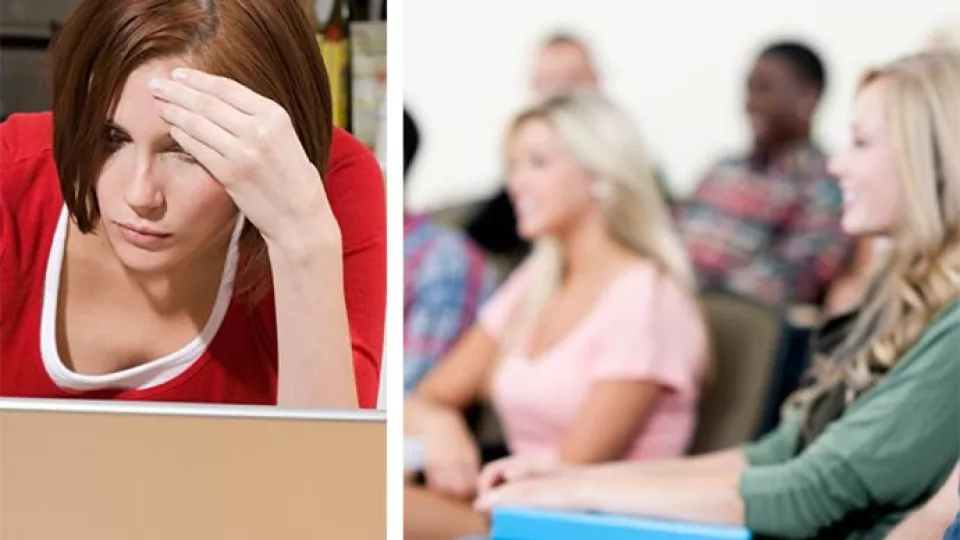 Bild på tänkande kvinna och bild på personer i föreläsningssal.