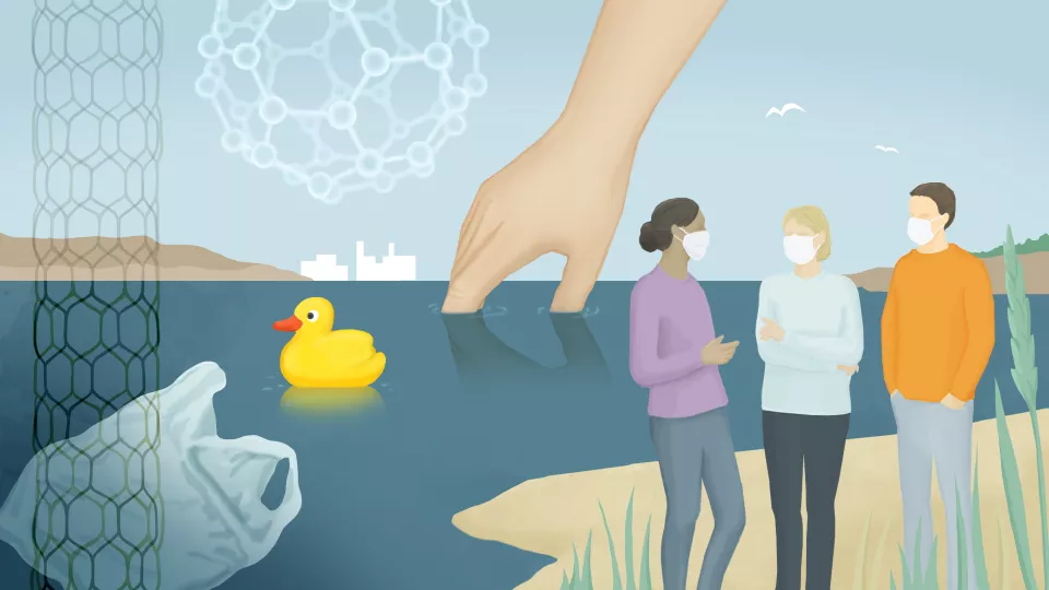 Ett hav med en anka och en plastpåse. En hand doppas ner i vattnet. På stranden bredvid står en grupp människor med munskydd. Illustrationen ska symbolisera tillit till nanomaterial. Illustration: Frida Nilsson.