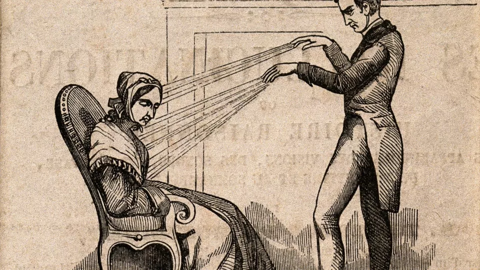 Behandlare utövar animal magnetism. Källa Wikimedia.