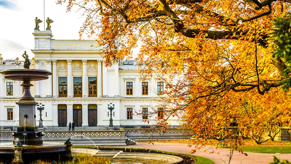 Universitetshuset med höstlöv på träden. Foto.