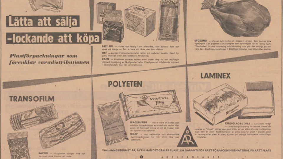 En tidningssida från 1953 med reklamtext om plast. Bild. 