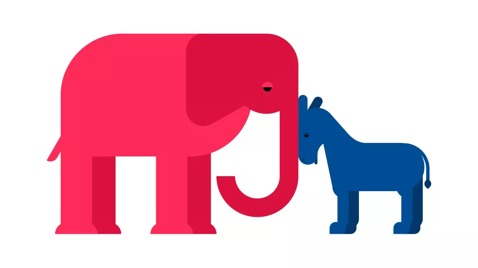 Elefant och åsna. Republikaner och demokrater i USA. Tecknad bild.