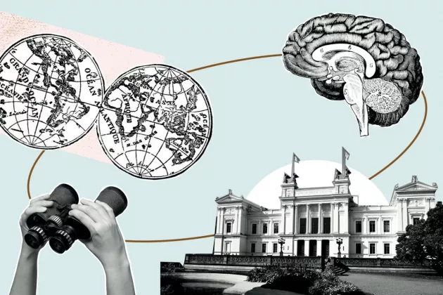 Illustration av Lunds universitets hållbarhetskonferens. Föreställer universitetshuset, hjärnor, en hand som håller en kikare. Illustration. 