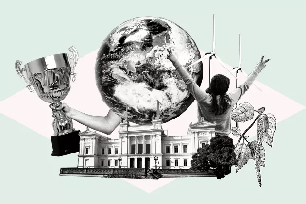 Graphic elements of Lund University building, globe, prize cup, person with winner gesture, windmills etc. Illustration.