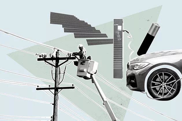 Illustration med en bil, elnät och solceller.