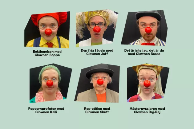 porträtt på sex stycken clowner