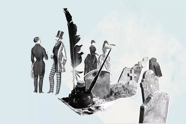 Illustration av människor, gravstenar, pennfjäder. Illustratör: Catrin Jakobsson. 