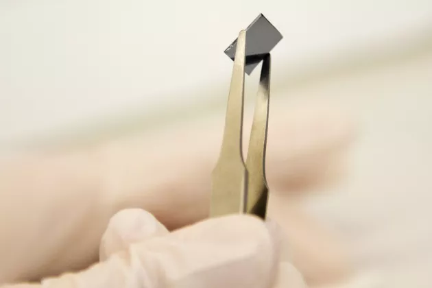 Bild på ett chip som hålls med en pincett