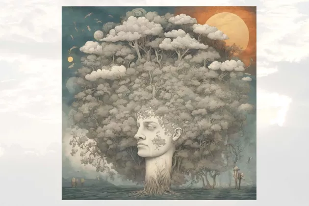 A painting of a person who has trees for hair. Painting.