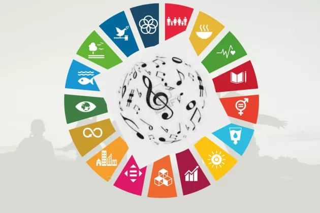 Illustration av de globala målen i en cirkel, i mitten syns musik-symboler som noter och en g-klav. Illustration.
