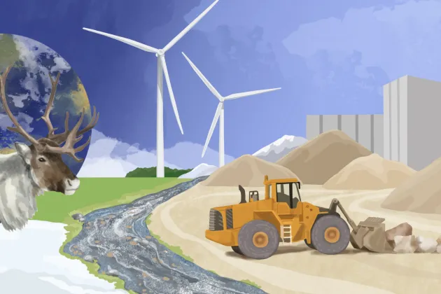 En illustration som visar en ren, jordglob, en flod och en gruva. Illustration: Frida Nilsson. 