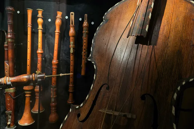 I förgrunden syns till höger kroppen av en cello som tar upp hälften av bilden, till vänster syns monterade på en mörk vägg historiska blåsinstrument i trä