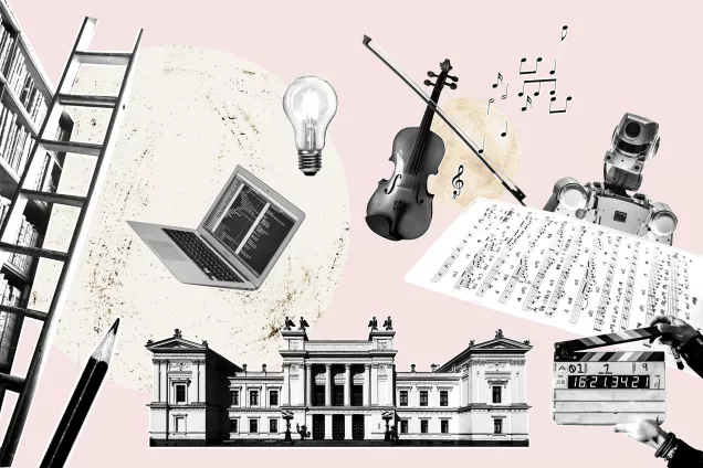Collage med bokhylla, dator, glödlampa, fiol, notblad, universitetshus med mera. Illustration: Catrin Jakobsson.