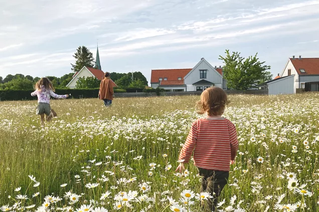 Barn springer över äng i Vintrie. Foto: Patrik Hekkala.