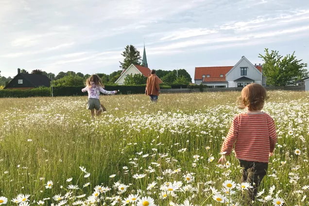 Barn springer över äng i Vintrie. Foto: Patrik Hekkala.