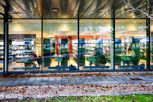 Bilden är tagen utifrån LUX bibliotek. Fyra studenter sitter vid individuella fönsterbord och studerar.