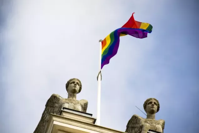 Regnbågsflaggan hissad mellan sfinxerna.