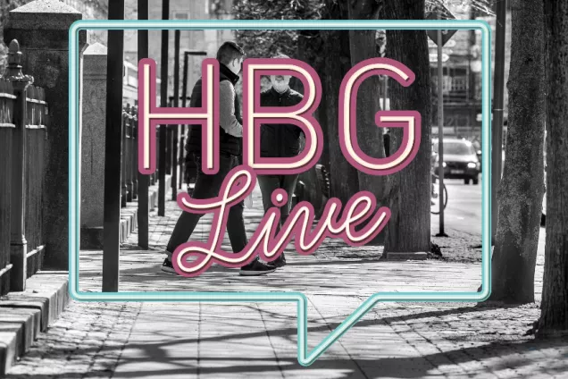 HBG Live-logga med stadsbild som bakgrund. Montage.