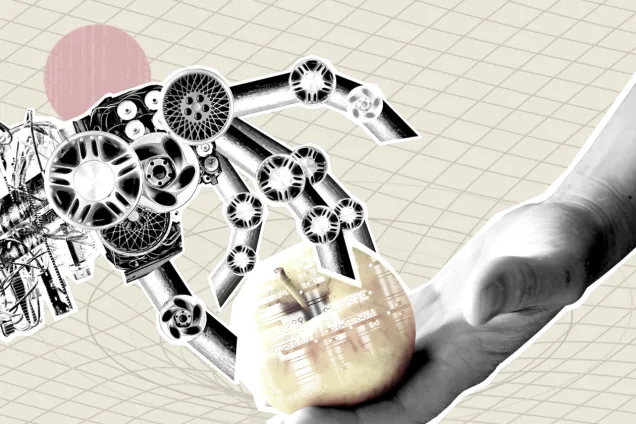 2025-04-09.png Illustration. Robot AI providing the fruit of knowledge to human agains a bacground og at time space vortex.