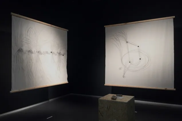 View into an exhibition room with two white pictures. Photo.