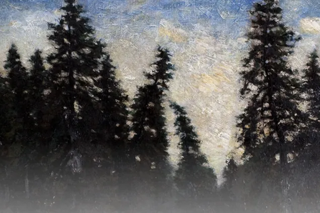 Tavla med skog och himmel. Foto.