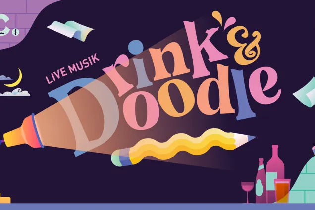 Illustration med text: Drink and Doodle, Live musik.
