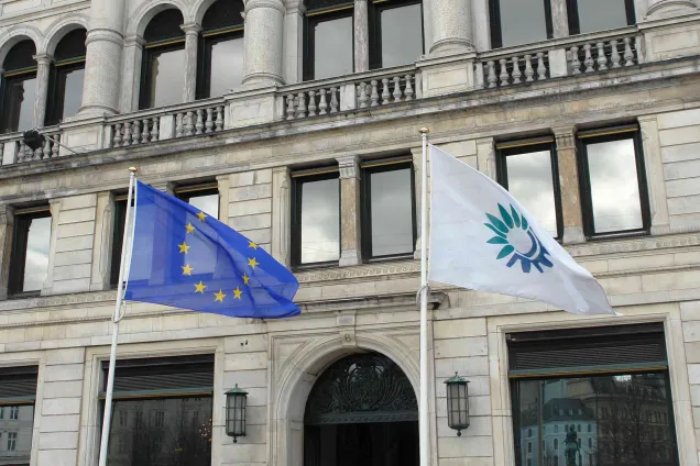 Flaggor utanför ett hus. Bild. 