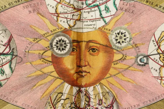 Solen i universums centrum medan jorden och de andra planeterna kretsar runt den i cirkulära banor. 
