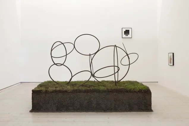 Konstinstallation där en skulptur från museets park har flyttats in i utställningsrummet. Med jord och gräs.