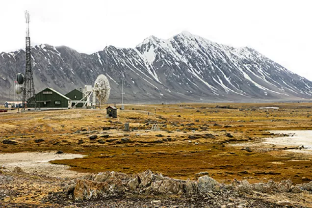 Platt, brunt arktiskt landskap med snötäckta berg i bakgrunden