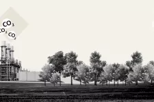 A field with trees and a factory illustrating negative emissions. Illustration.
