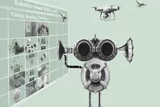 Illustration. Glad robot som visar ett veckoschema för robotveckan 2022.